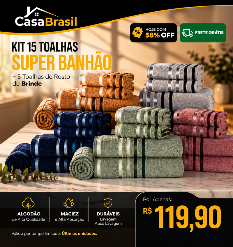 Kit 15 Toalhas Super Banhão de Alta Maciez + 5 Toalhas de Rosto de Brinde