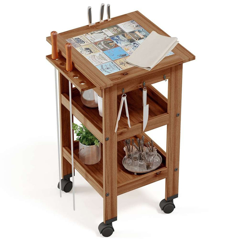 Carrinho de Churrasco Mesa Gourmet Bistrô Cerâmica Churrasqueira W02 Madeira Maciça Imbuia - Lyam Decor