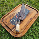 Tábua De Corte De Madeira Teca 40x29cm E Faca De Churrasco Em Aço Inox 10 Polegadas